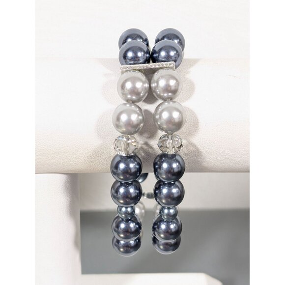 Roman Gray Faux Pearl Two Strand Stretch Bracelet 7" Elegant Evening - Picture 1 of 7